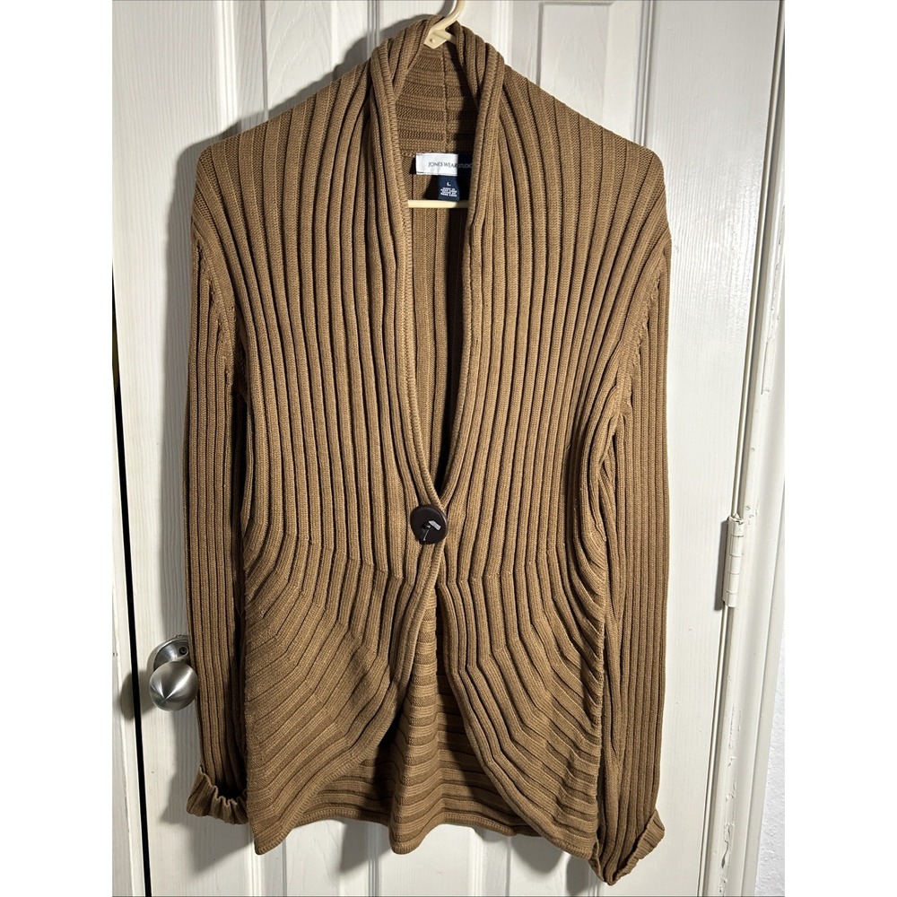 Jones‎ Wear Studio Cardigan Sweater Womens L Brown Rib Knit Button